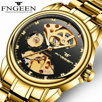 FNGEEN Gospodo Mehanički sat sa automatskim Автоподзаводом Moderan ručni sat od Nehrđajućeg čelika Zlatni sat-kostur Muški Vruće sat