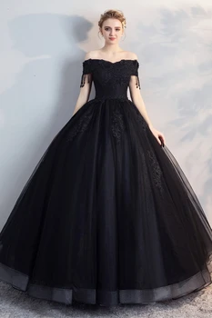 Crno raskošnom haljina Elegantna Vestidos s otvorenim ramenima Večernja haljina Klasični loptu haljina Plus Size Haljina De Bal Raskošnom haljina