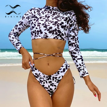 Seksi ženski kupaći kostim dugi rukav bikini s visokim cutaway 2021 mujer бандажные kupaći kostimi ženski kupaći kostim s cvjetnim ispis Kupaći kostim