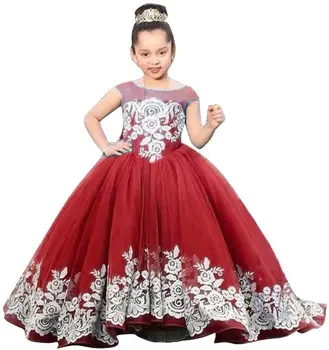 Čipke, haljine za djevojčice s cvjetnim uzorkom boje slonovače s aplikacija za djevojčice Večernja haljina s kratkim rukavima Raskošnom haljina princeze Luk Prvu pričest