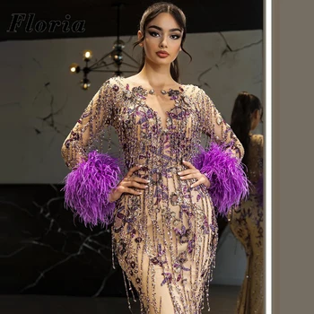 Флория Naftnih večernje haljine ručno beaded S ljubičastim Perjem 2021 Dubai haute Couture Arabic donje haljinu za prom Vestidos