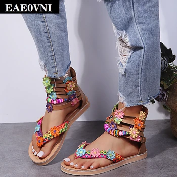 Moderan cvjetni ukras u rimskom stilu, vrhunske ženske sandale od umjetne kože, Ulične casual cipele na босу nogu, sandale s otvorenim vrhom
