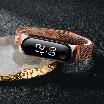Ženski digitalni led sat uz biranje od ružičastog zlata, Haljina od nehrđajućeg čelika, narukvica s magnetskom kopčom, kvarcni sat Relogio Feminino