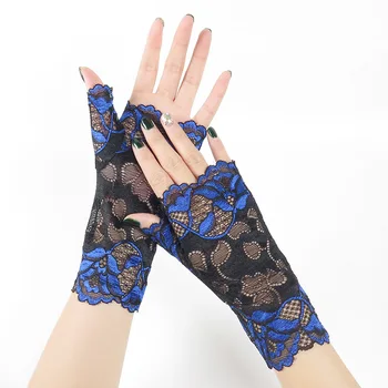 Zelene ženske crne čipke, rukavice bez prstiju s cvjetnim uzorkom Ljetnim tanke UV-zaštitne rukavice za vožnju Gotički seksi kratke šuplje plave rukavice za stranke