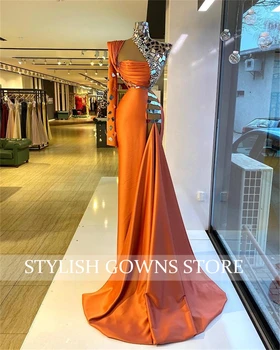 Elegantan narancasta večernja haljina s visokim воротом, ukrašen perlicama, Nabori, Večernja večernjoj haljini dugih rukava, vjenčanice za goste Za žene