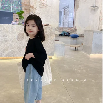 Traperice za djevojčice Jesen 2021 g. Nove dječje ravnici jednostavne svakodnevne korejski slobodni, pamuk traper hlače za djevojčice do ankles