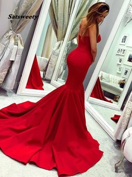 2022 Šarmantan Crvene večernje haljine bez naramenica Službena odjeća Sirena s dugom leđa Plus Size Haljina za prom Jeftino haljinu za prom