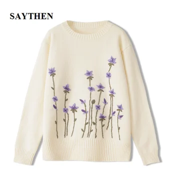 Ljubičasto cvijeće, ručno vezene trodimenzionalni cvijeće s dugim rukavima slobodan džemper za žene jesen i zima novi džemper top