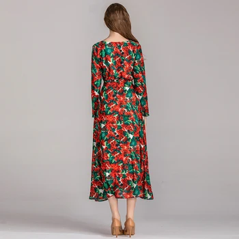 SEQINYY Duga haljina 2020 Proljeće i Jesen Novi Modni dizajn Crvena hortenzija s po cijeloj površini V-neck, Elegantan haljinu za žene Visoke kvalitete