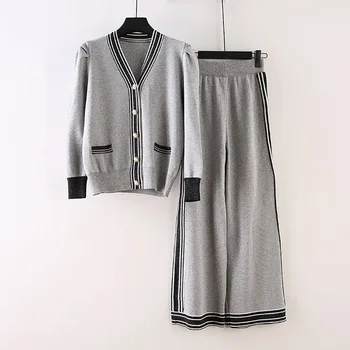 VKBN Jesen su skupljeni u duge hlače Odijelo sa dugim rukavima i visokog struka Kardigan Džemper za žene Top Set od 2 predmeta Za žene