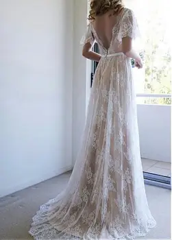 Sjajna vjenčanje haljine od tila s V-neck, boje šampanjca trapeznog oblika naručiti s rukava Vile Seksi Svadba haljina s otvorenim leđima vestido de noiva
