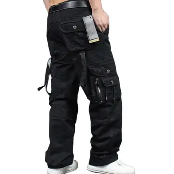 Ravne hlače-teretni za muškarce Svakodnevne slobodne široke duge hlače s puno džepova, Pamuk hlače Vanjska odjeća za jogging Muška odjeća