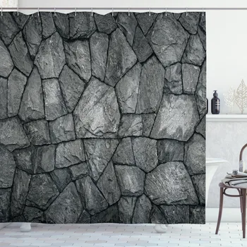 Skup Zavjese za tuširanje Grey Rocks izbliza Snimak Tamne prirodnog kamena Zavjesa za kupaonicu 12 kuke Cortinas de Baño.