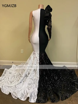 Sjajne šljokice Crno - bijela duga večernja haljina Sirena 2020 sa volanima i dugim rukavima Afričke djevojke Žene Večernje haljine za maturalnu večer